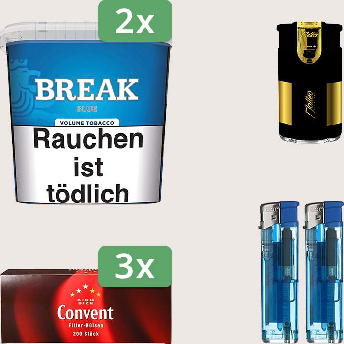 Break Blue 2 x 185 g Sparpaket mit 600 Convent Hülsen und Feuerzeugset
