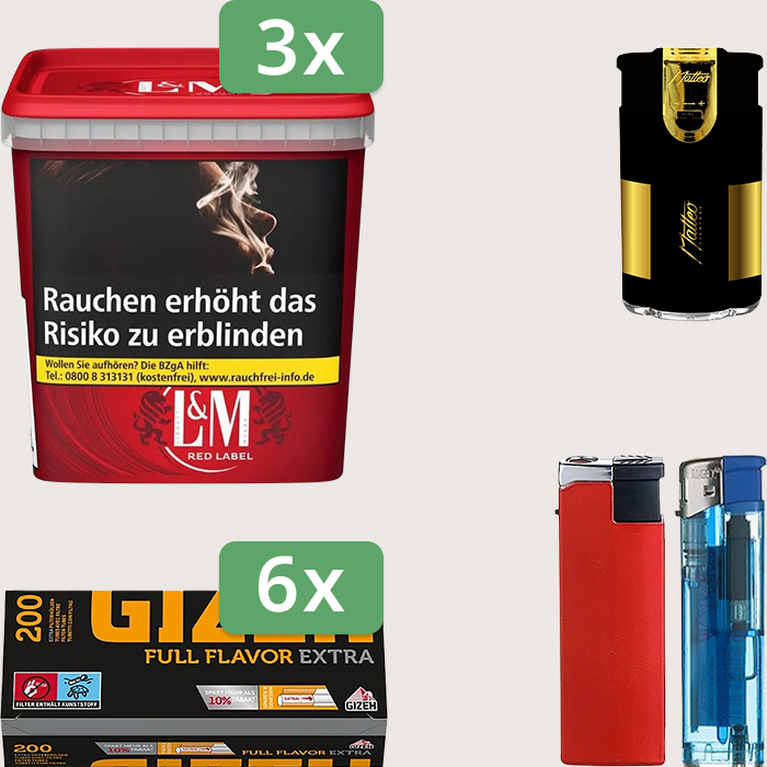 L&M Red 3 x 185 g Sparpaket mit 1.200 Gizeh Full Flavor Extra Hülsen und Feuerzeugset