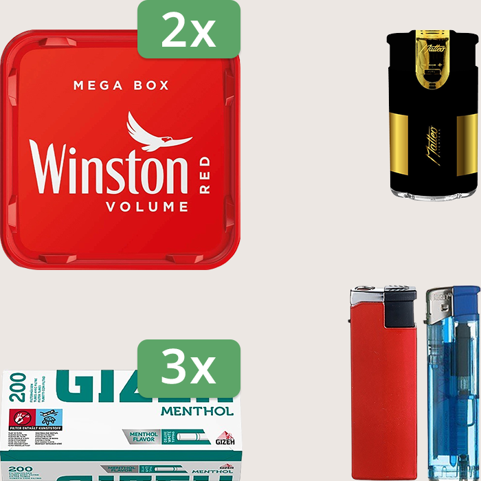 Winston Red 2 x 135 g Sparpaket mit 600 Gizeh Menthol Hülsen und Feuerzeugset