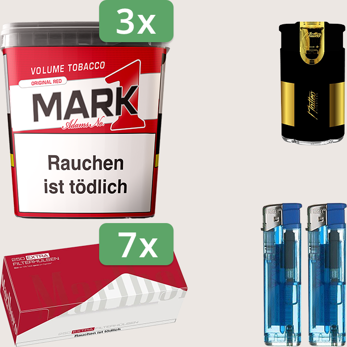 Mark 1 Original Red 3 x 320 g Sparpaket mit 1.750 Marlboro Red Extra Hülsen und Feuerzeugset