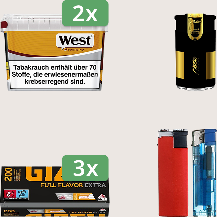 West Yellow 2 x 115 g Sparpaket mit 600 Gizeh Full Flavor Extra Hülsen und Feuerzeugset