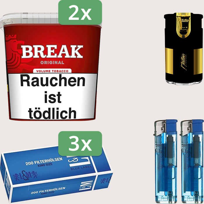Break Original 2 x 185 g Sparpaket mit 600 L&M Blue Label Hülsen und Feuerzeugset