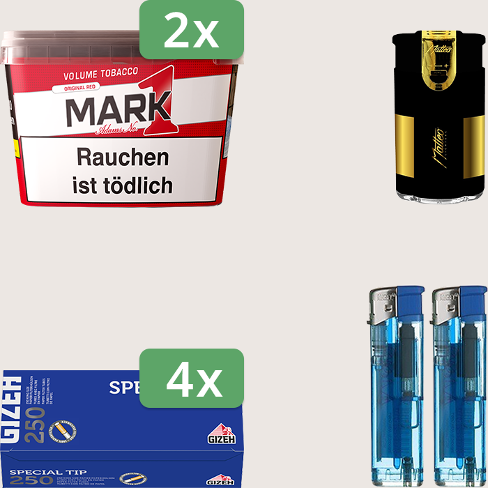 Mark 1 Original Red 2 x 255 g Sparpaket mit 1.000 Gizeh Special Tip Hülsen und Feuerzeugset