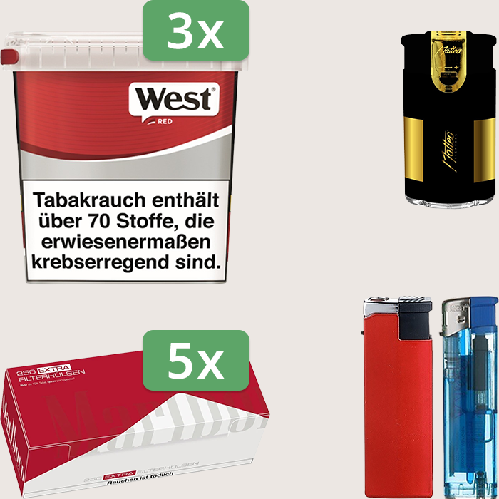 West Red 3 x 170 g Sparpaket mit 1.250 Marlboro Red Extra Hülsen und Feuerzeugset West Red 3 x 170 g Sparpaket mit 1.250 Marlboro Red Extra Hülsen und Feuerzeugset