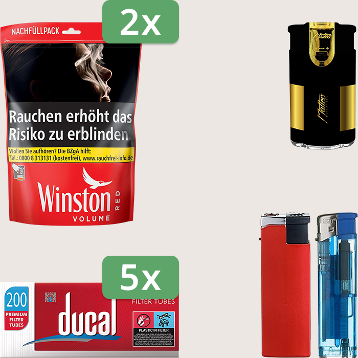 Winston Red 2 x 205 g Sparpaket mit 1.000 Ducal Hülsen und Feuerzeugset