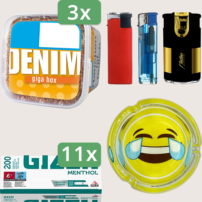 Denim Classic 3 x 315 g Sparpaket mit 2.200 Gizeh Menthol Hülsen und Aschenbecher