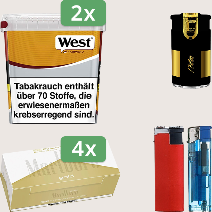 West Yellow 2 x 235 g Sparpaket mit 1.000 Marlboro Gold Extra Hülsen und Feuerzeugset