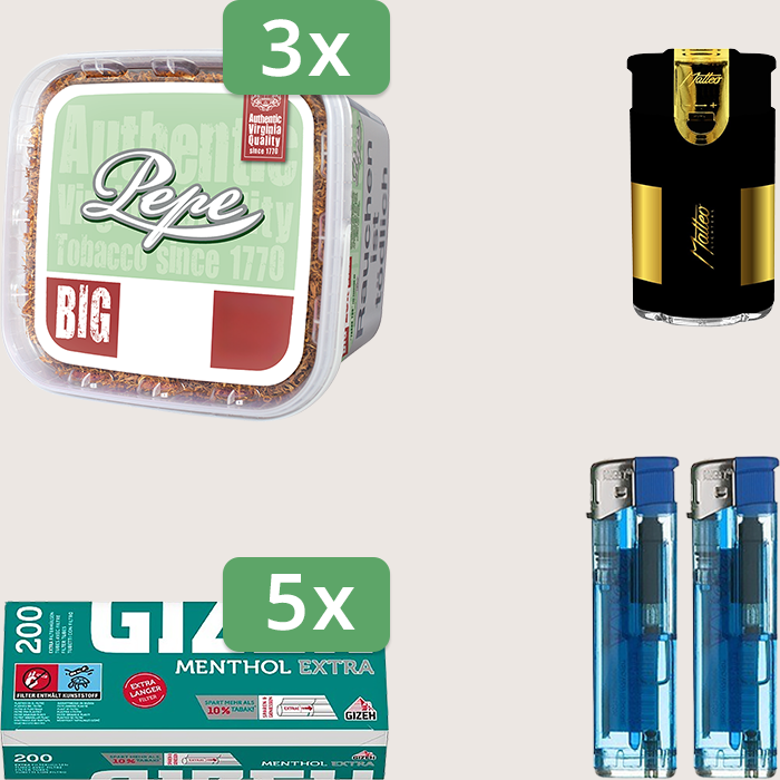 Pepe Bright Green 3 x 170 g Sparpaket mit 1.000 Gizeh Menthol Extra Hülsen und Feuerzeugset
