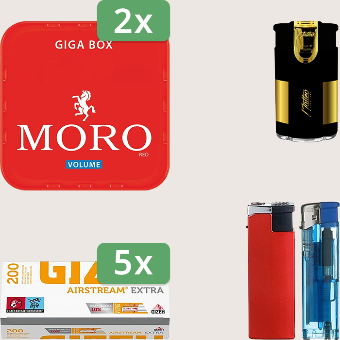 Moro Red 2 x 245 g Sparpaket mit 1.000 Gizeh Airstream Extra Hülsen und Feuerzeugset Moro Red 2 x 245 g Sparpaket mit 1.000 Gizeh Airstream Extra Hülsen und Feuerzeugset