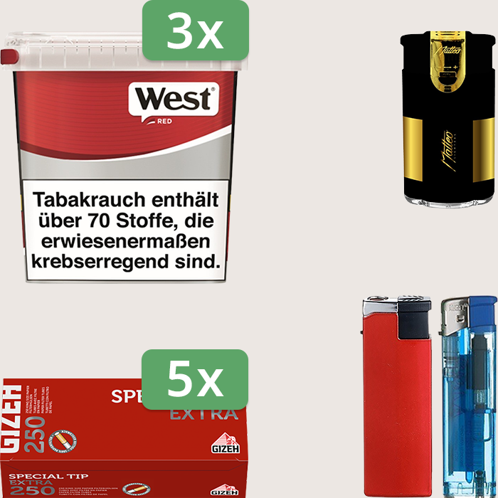 West Red 3 x 170 g Sparpaket mit 1.250 Gizeh Special Tip Extra Hülsen und Feuerzeugset
