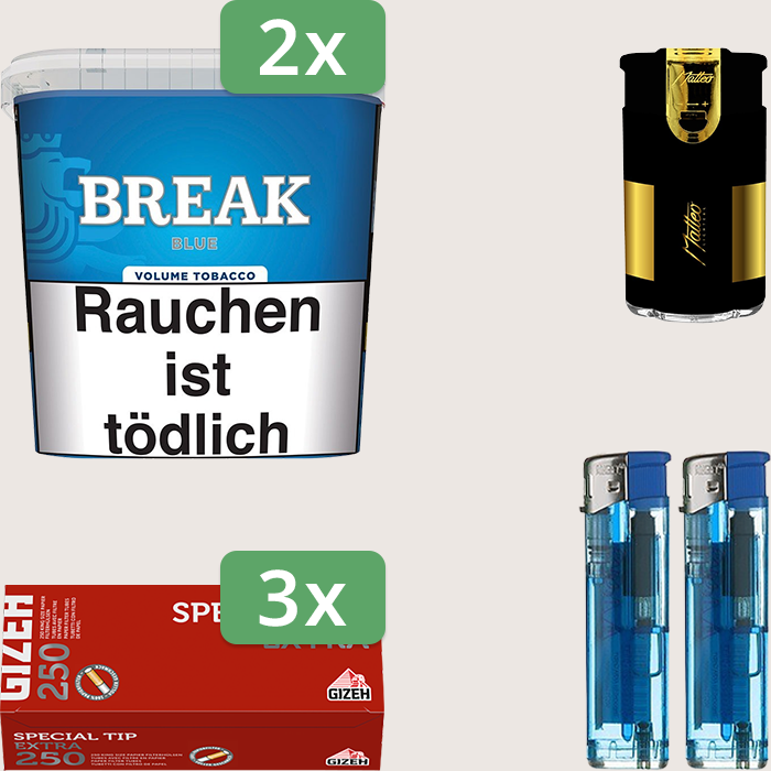 Break Blue 2 x 185 g Sparpaket mit 750 Gizeh Special Tip Extra Hülsen und Feuerzeugset