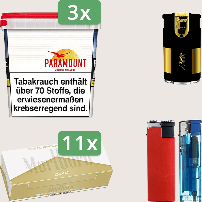 Paramount 3 x 315 g Sparpaket mit 2.200 Marlboro Gold Hülsen und Feuerzeugset