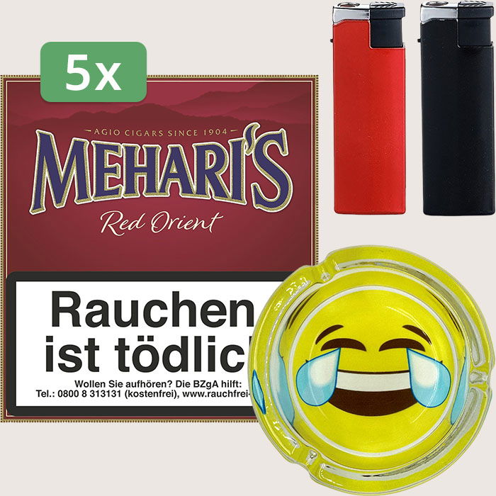 Agio Meharis Red Orient 5 x 7,65 € Sparpaket mit 100 Zigarillos, Aschenbecher und Feuerzeugset