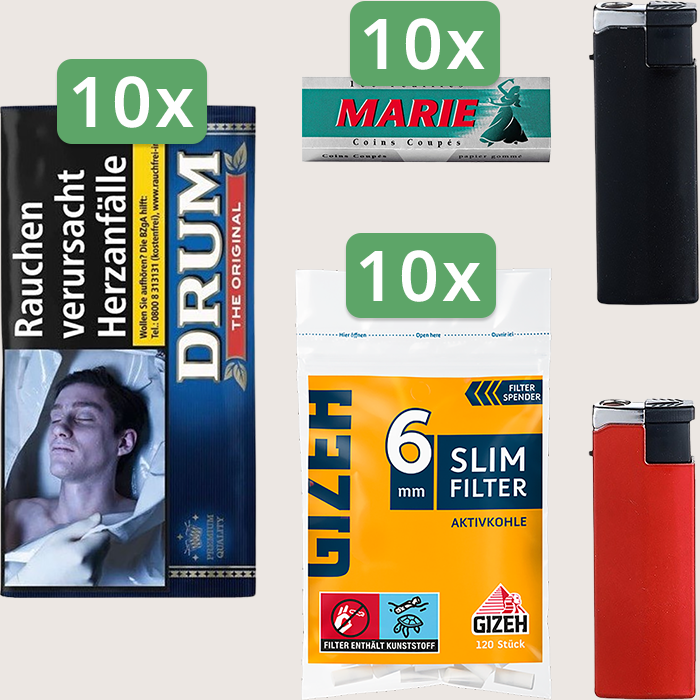 Drum Original 10 x 50 g Sparpaket mit 1.000 Marie Blättchen und 1.200 Gizeh Slim Filter Aktivkohle 6 mm