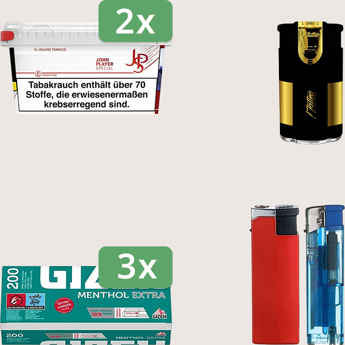 JPS Red 2 x 105 g Sparpaket mit 600 Gizeh Menthol Extra Hülsen und Feuerzeugset