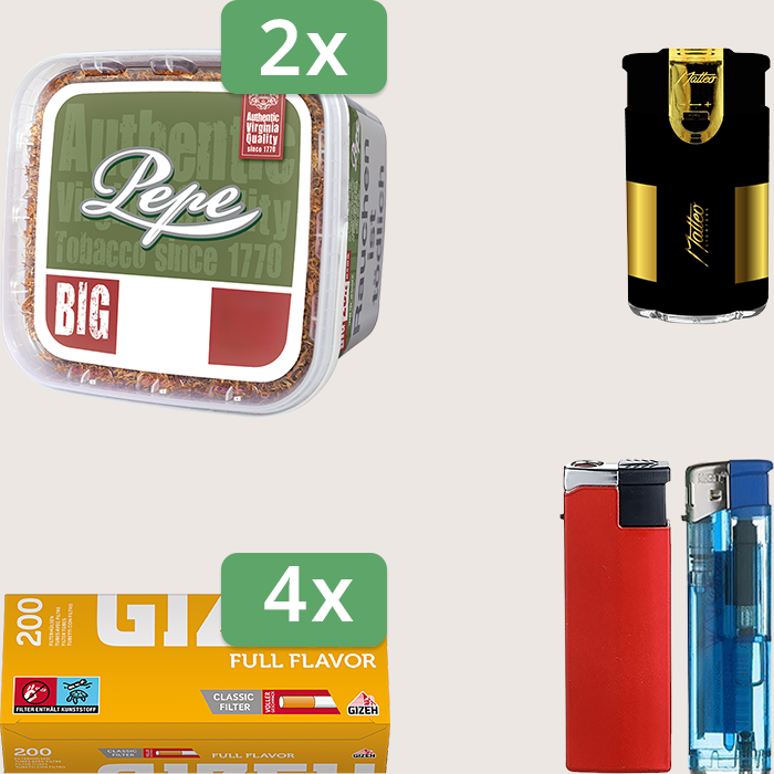Pepe Rich Green 2 x 170 g Sparpaket mit 800 Gizeh Full Flavor Hülsen und Feuerzeugset