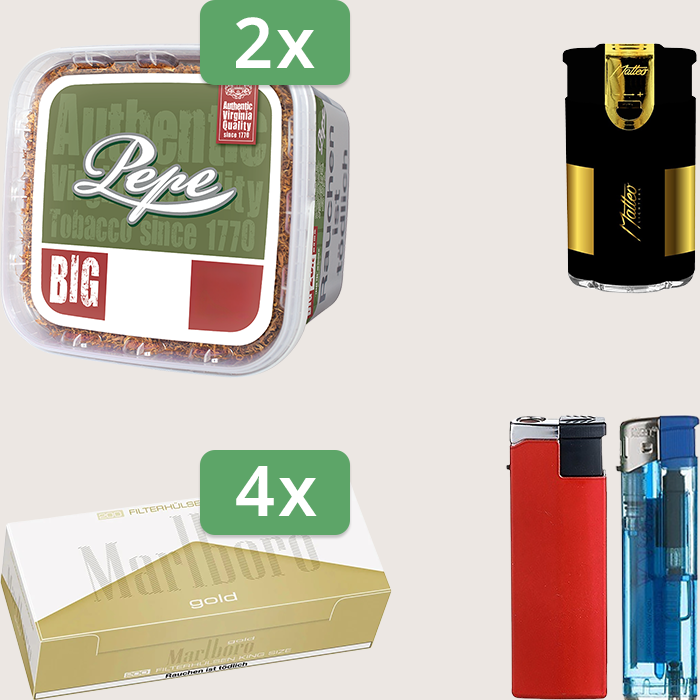 Pepe Rich Green 2 x 170 g Sparpaket mit 800 Marlboro Gold Hülsen und Feuerzeugset