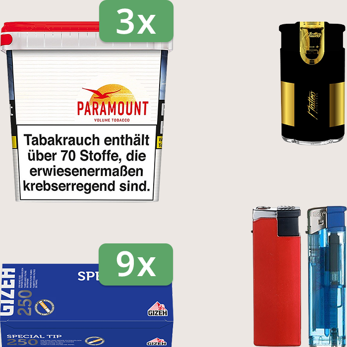 Paramount 3 x 315 g Sparpaket mit 2.250 Gizeh Special Tip Hülsen und Feuerzeugset