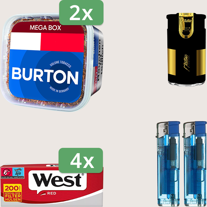 Burton Blue 2 x 250 g Sparpaket mit 800 West Red Hülsen und Feuerzeugset Burton Blue 2 x 250 g Sparpaket mit 800 West Red Hülsen und Feuerzeugset