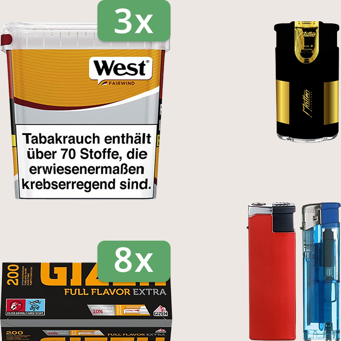 West Yellow 3 x 235 g Sparpaket mit 1.600 Gizeh Full Flavor Extra Hülsen und Feuerzeugset