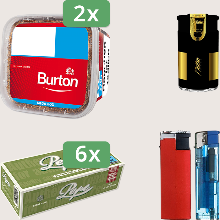 Burton Full Red 2 x 270 g Sparpaket mit 1.200 Pepe Hülsen und Feuerzeugset