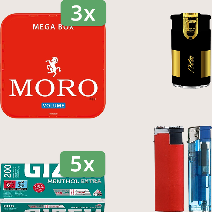 Moro Red 3 x 155 g Sparpaket mit 1.000 Gizeh Menthol Extra Hülsen und Feuerzeugset