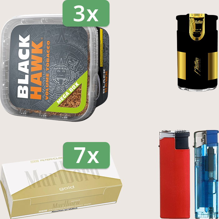 Black Hawk 3 x 230 g mit 1.400 Marlboro Gold Hülsen und Feuerzeugset