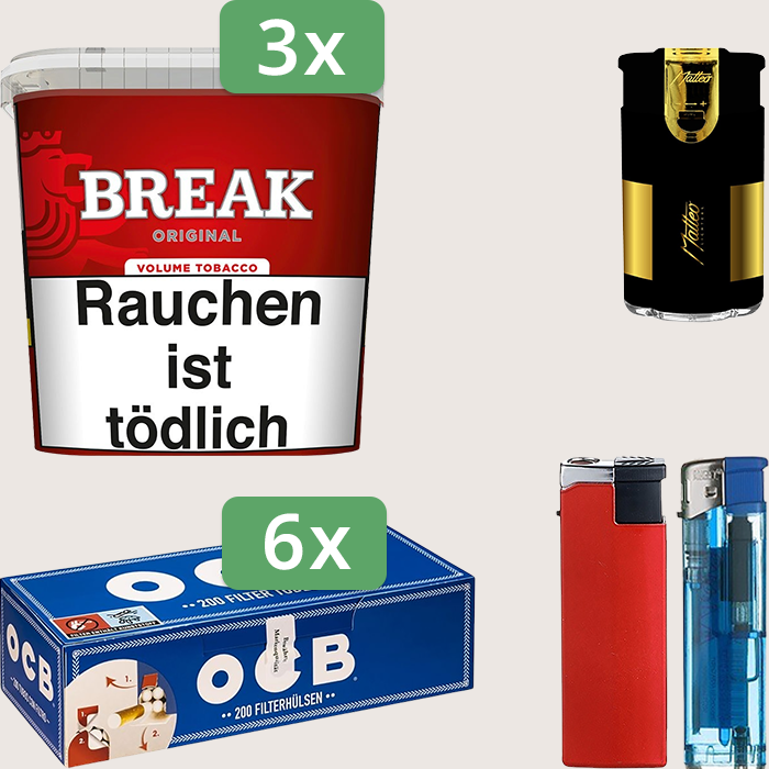 Break Original 3 x 185 g Sparpaket mit 1.200 OCB Hülsen und Feuerzeugset Break Original 3 x 185 g Sparpaket mit 1.200 OCB Hülsen und Feuerzeugset