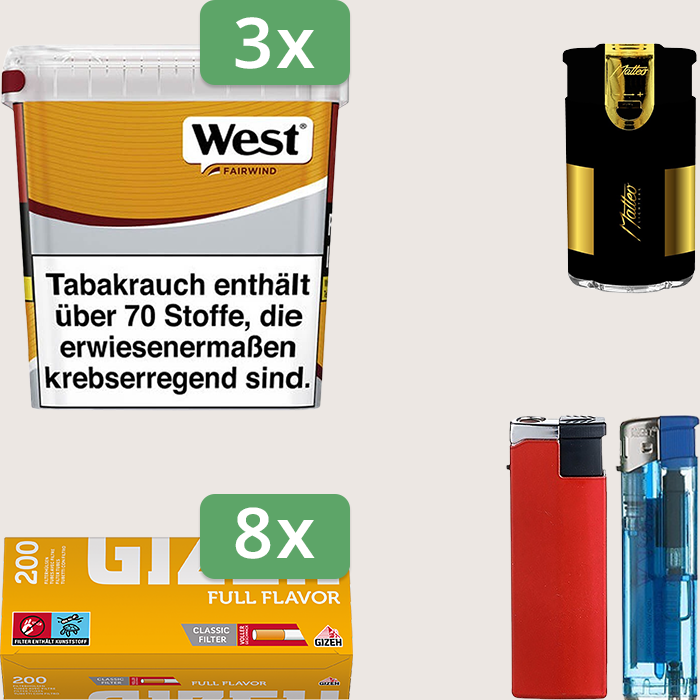 West Yellow 3 x 235 g Sparpaket mit 1.600 Gizeh Full Flavor Hülsen und Feuerzeugset