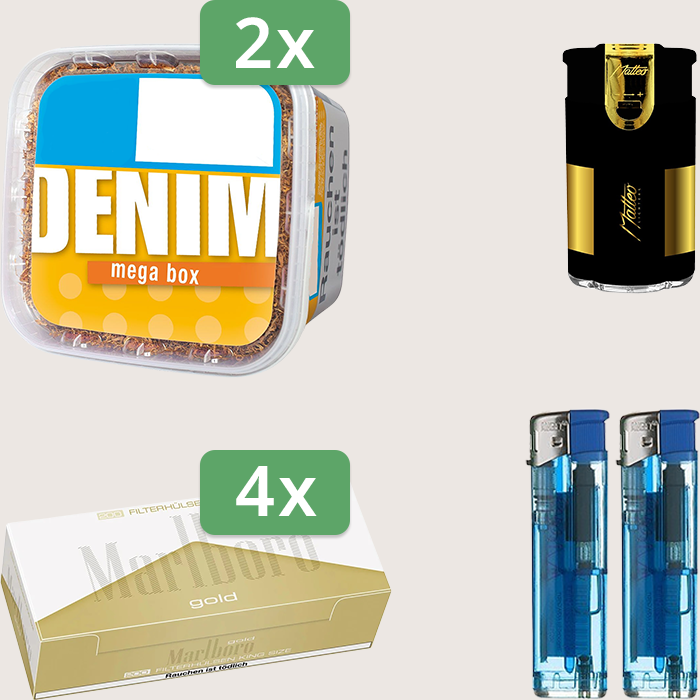 Denim Classic 2 x 210 g Sparpaket mit 800 Marlboro Gold Hülsen und Feuerzeugset