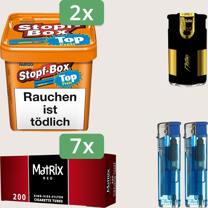 Fargo Stopfbox 2 x 400 g Sparpaket mit 1.400 Matrix Red Hülsen und Feuerzeugset