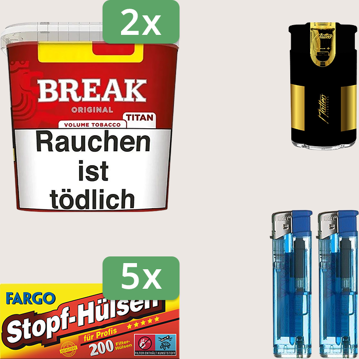 Break Original 2 x 300 g Sparpaket mit 1.000 Fargo Stopfhülsen und Feuerzeugset