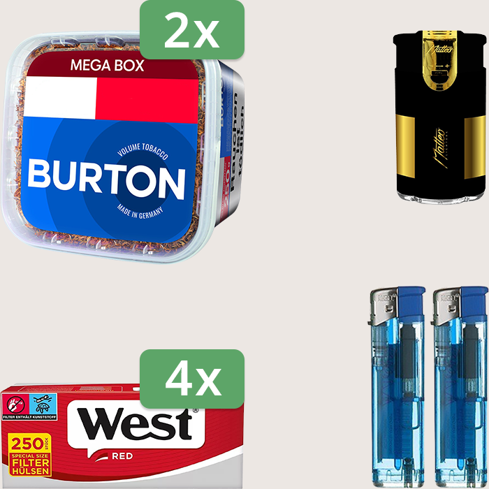 Burton Blue 2 x 250 g Sparpaket mit 1.000 West Red Special Hülsen und Feuerzeugset Burton Blue 2 x 250 g Sparpaket mit 1.000 West Red Special Hülsen und Feuerzeugset