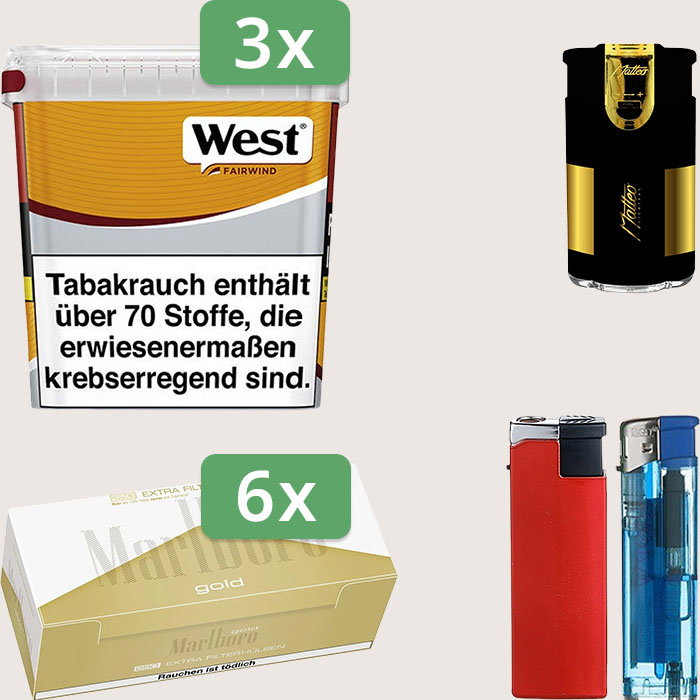 West Yellow 3 x 235 g Sparpaket mit 1.500 Marlboro Gold Extra Hülsen und Feuerzeugset