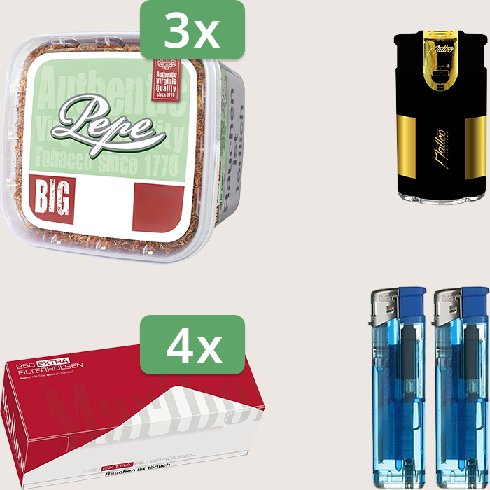 Pepe Bright Green 3 x 170 g Sparpaket mit 1.000 Marlboro Red Extra Hülsen und Feuerzeugset