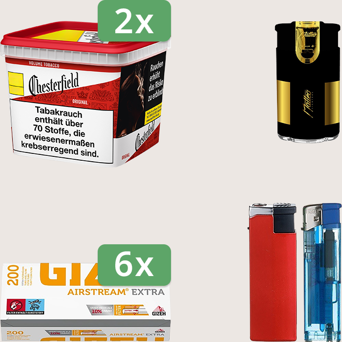 Chesterfield Original Red 2 x 245 g Sparpaket mit 1.200 Gizeh Airstream Extra Hülsen und Feuerzeugset