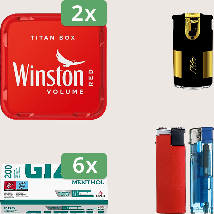 Winston Red 2 x 250 g Sparpaket mit 1.200 Gizeh Menthol Hülsen und Feuerzeugset