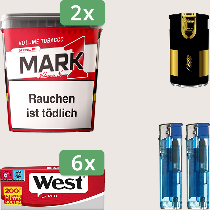 Mark 1 Original Red 2 x 320 g Sparpaket mit 1.200 West Red Hülsen und Feuerzeugset