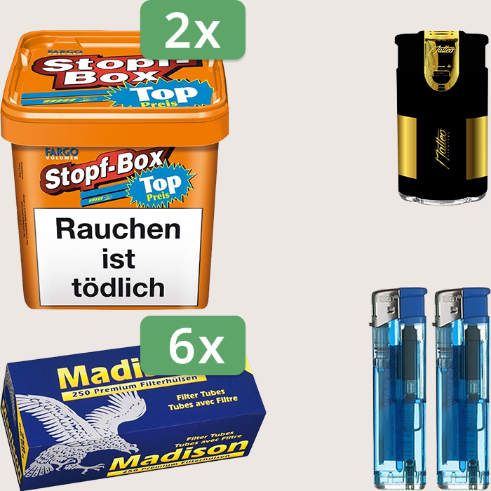Fargo Stopfbox 2 x 400 g Sparpaket mit 1.500 Madison Hülsen und Feuerzeugset