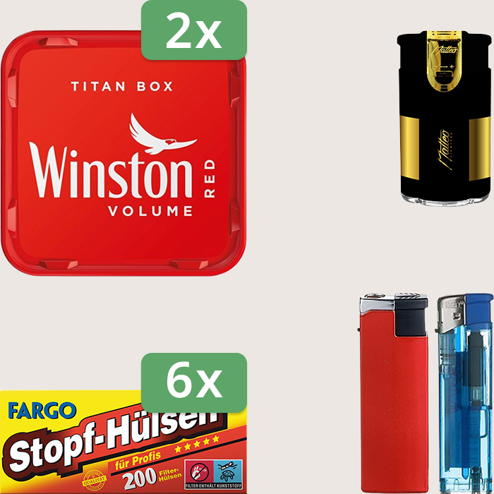 Winston Red 2 x 250 g Sparpaket mit 1.200 Fargo Stopfhülsen und Feuerzeugset