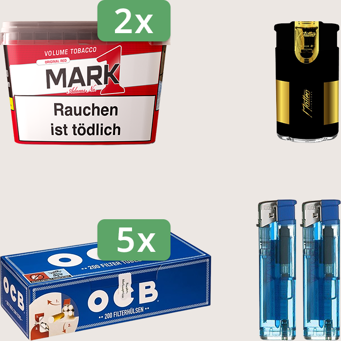 Mark 1 Original Red 2 x 255 g Sparpaket mit 1.000 OCB Hülsen und Feuerzeugset