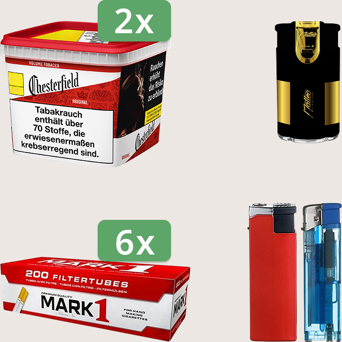 Chesterfield Original Red 2 x 245 g Sparpaket mit 1.200 Mark 1 Hülsen und Feuerzeugset