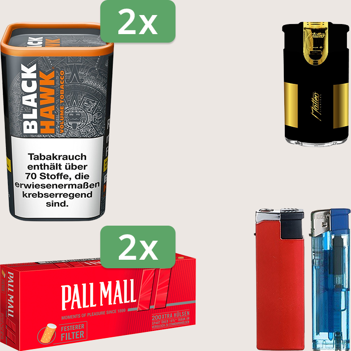 Black Hawk 2 x 90 g Sparpaket mit 400 Pall Mall Red Xtra Hülsen und Feuerzeugset