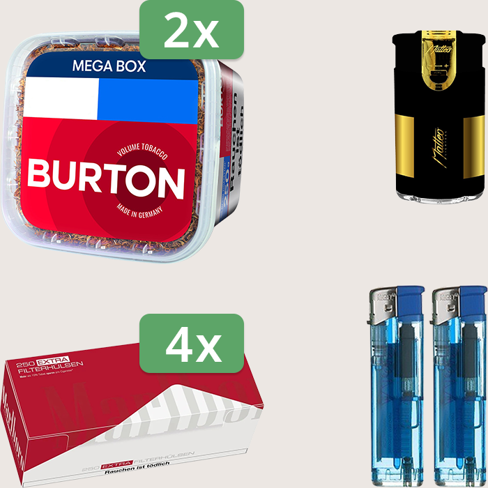 Burton Full Red 2 x 270 g mit 1.000 Marlboro Red Extra Hülsen und Elektrofeuerzeug