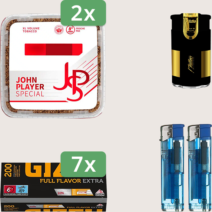 JPS Red 2 x 420 g Sparpaket mit 1.400 Gizeh Full Flavor Extra Hülsen und Feuerzeugset