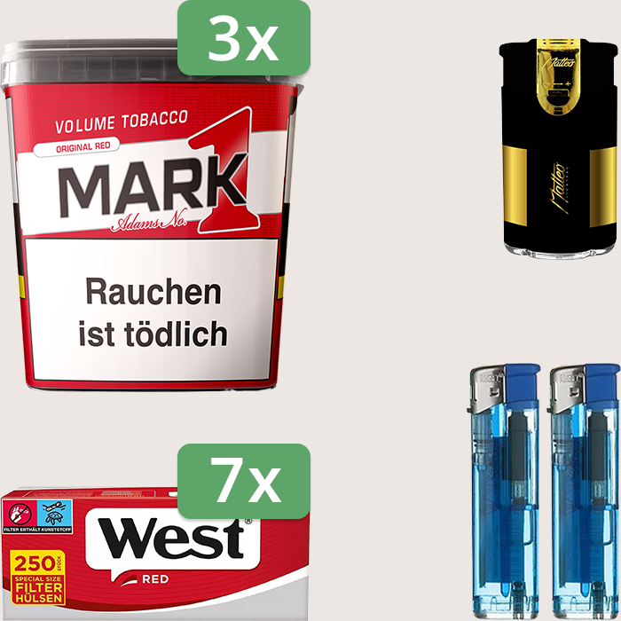 Mark 1 Original Red 3 x 320 g Sparpaket mit 1.750 West Red Special Hülsen und Feuerzeugset