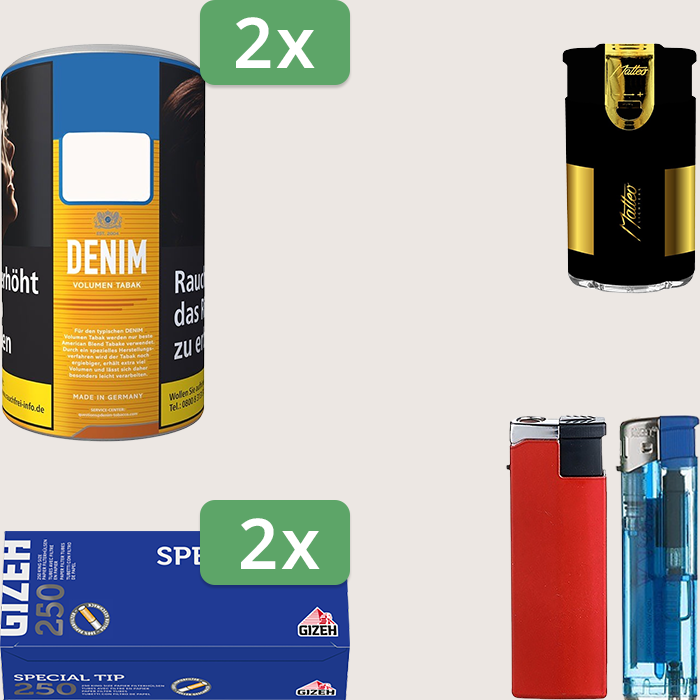 Denim Classic 2 x 90 g Sparpaket mit 500 Gizeh Special Tip Hülsen und Feuerzeugset