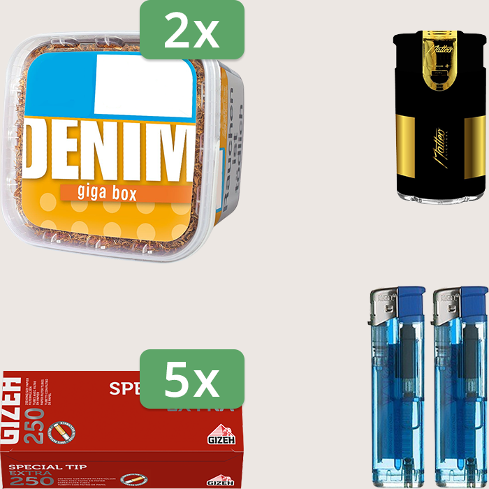 Denim Classic 2 x 315 g Sparpaket mit 1.250 Gizeh Special Tip Extra Hülsen und Feuerzeugset