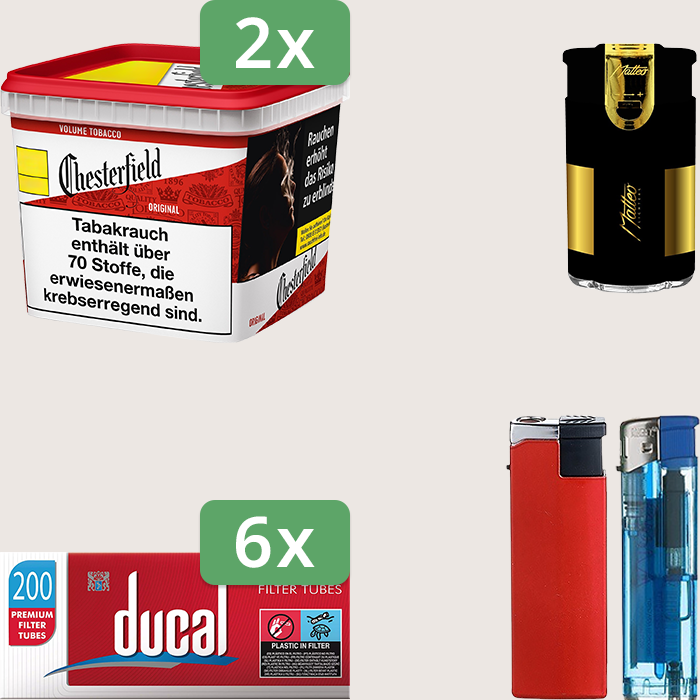 Chesterfield Original Red 2 x 245 g Sparpaket mit 1.200 Ducal Hülsen und Feuerzeugset