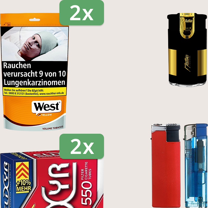 West Yellow 2 x 155 g Sparpaket mit 1100 Elixyr Hülsen und Feuerzeugset